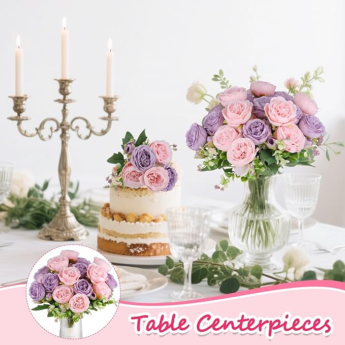 Olgaa 12 Bundles Peonies Artificial Flowers Artificial Peonies Silk Flowers Bulk Fake Peony Bouquet for Bridal Shower Decorations Wedding Table Centerpiece (Pink Purple)