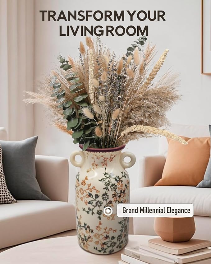 Vintage Ceramic Flower Vase Home Decor - Tabletop Rustic Tall Vase for Decor Living Room Bookshelf Office Kitchen Farmhouse, White Vases for Bouquet, Symmetric Holes | Grand Millennial | 9.1inch