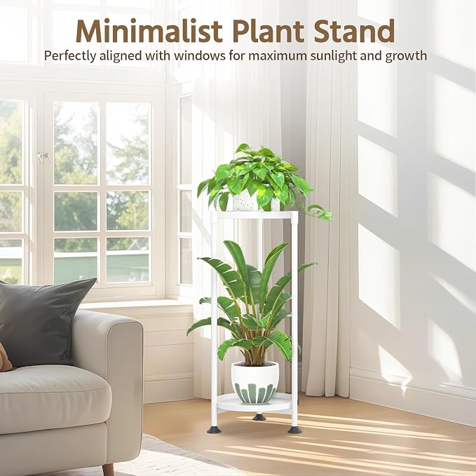LASZOLA 2 Tier White Plant Stand Indoor for Large Tall Heavy Duty Flower Planter, Metal Vertical Multi Level Rack for Narrow Floor Corner, Sturdy Round Holder Organizer, Modern, Mid Century, Farmhouse