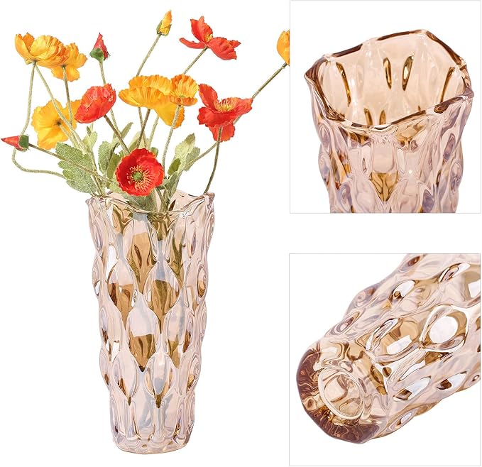 Amber Glass Vase, Thickened Cylindrical, Modern Boho Style, Handmade Decorative Flower Vase for Centerpiece Dining Table, Wedding, Holiday Party, 11.6 Inches Tall