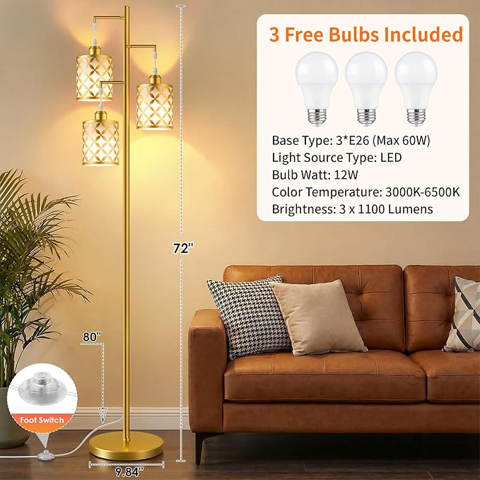 Dimmable Floor Lamp, Farmhouse Standing Lamp with Elegant Metal Cage, Industrial Tall Tree Floor Lamps for Living Room, Bedroom, Study Room, Office, 3 x 1100LM LED Bulbs Included, 72", Gold