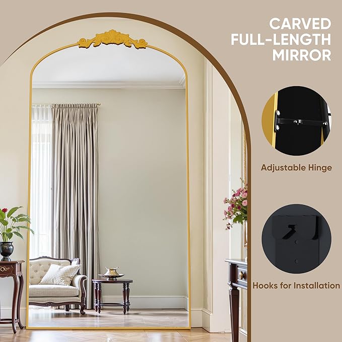 Antok Arched Full Length Mirror, 82"x44" Floor Mirror with Carved, Full Body Mirrors for HomeDecor, Standing/Halling Large Wall Mirror for Bedroom, Living Room, Cloakroom, Gold, Retro Style