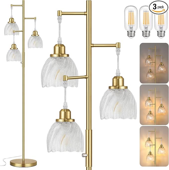 ROTTOGOON Dimmable Gold Floor Lamps for Living Room, Vintage Tree Standing Lamp with Glass Shades, 3 Light Mid Century Flower Floor Lamps for Bedroom, Office, 6W, Brushed Gold & Clear Shades
