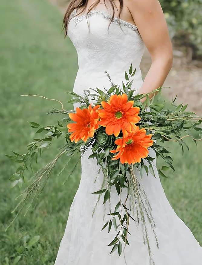 Orange Gerbera Daisy Artificial Flowers – Real Touch Artificial Wildflowers 5PCS, Long Stem Faux Daisies for Fall Home Décor, Home Table Centerpieces, or Wedding Arrangements