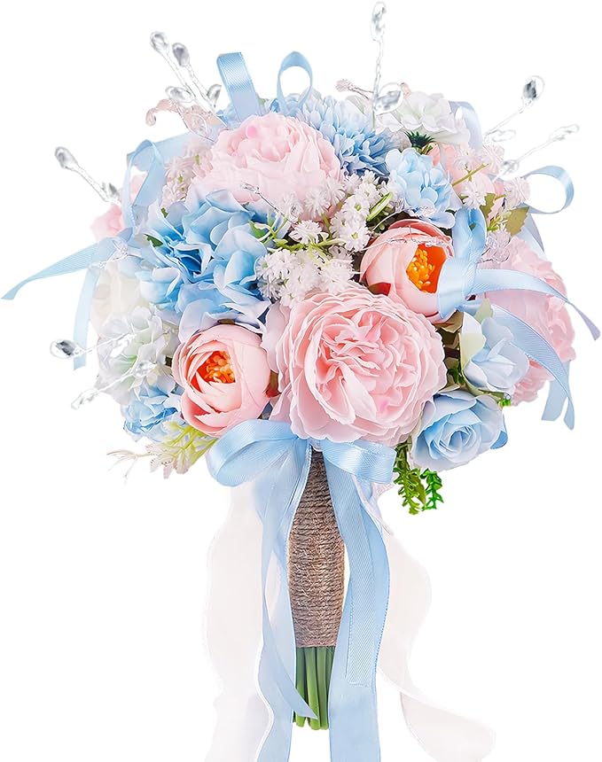 8.6in Wedding Bouquets for Bride Bridesmaid, Baby Blue Blush Pink Creamy White Bouquet with Crystal Pastel Flowers Artificial Fake Silk Roses for Wedding Rainbow Spring Beach Decoration Toss Bouquet
