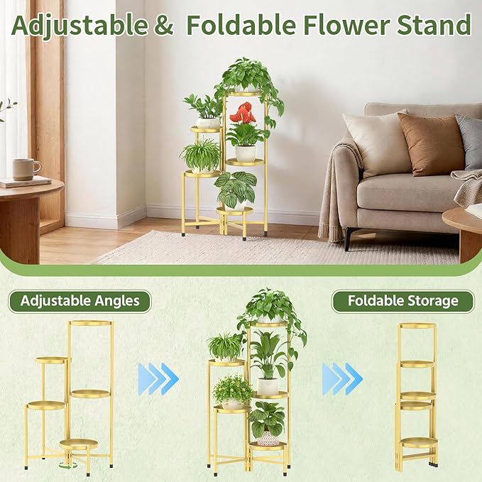 LASZOLA 5 Tier Large Plant Stand Indoor Tall with 10 Inch Metal Tray, Corner Folding Flower Display Rack, Modern Plant Holder Shelf for Outdoor Patio Porch Garden Office Living Room, Gold