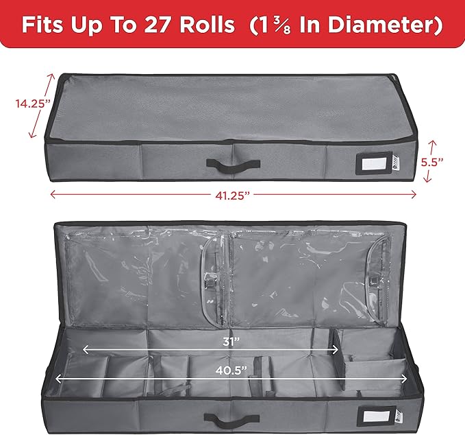 HOLDN’ STORAGE Premium Wrapping Paper Storage Container - Durable 600D Tear-Proof, Fits 27 Rolls Gift Wrap, Extra Pockets for Ribbons & Bows, Underbed Storage - Ideal for Holiday Christmas, Gray