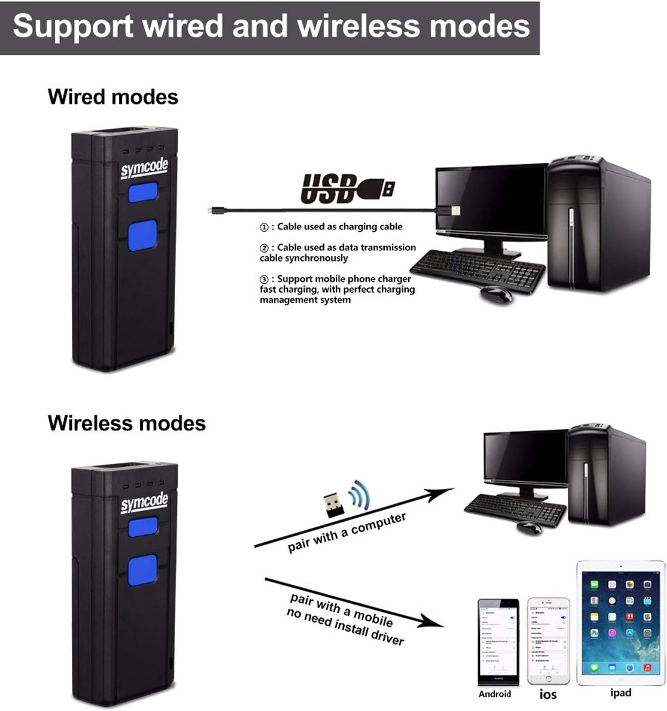 Symcode Bluetooth Wireless Barcode Scanner - Portable 2.4GHz Reader for Windows, Mac, Android & iOS Devices