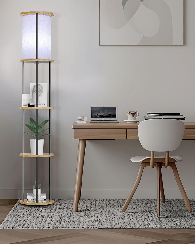 Lightdot 61" RGB Floor Lamp with Shelves, 3-Tier Storage Smart Remote Control Standing Lamp with Fabric Shade, Bulb Included, Dimmable Floor Lamps for Living Room/Sofa Beside/Corner Decor (Black)