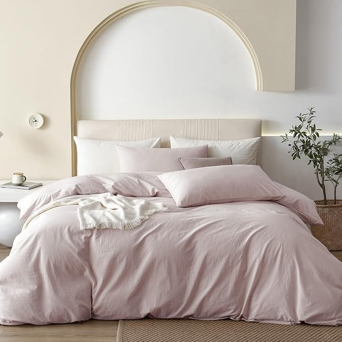 JIYUAN 100% Washed Cotton Duvet Cover Set 3 Pieces Alaska King, 1 Duvet Cover 132x120 Inches(Comforter Not Included) and 2 Pillowcases,Linen Like Comfy and Breathable,Heathered Greyish Pink