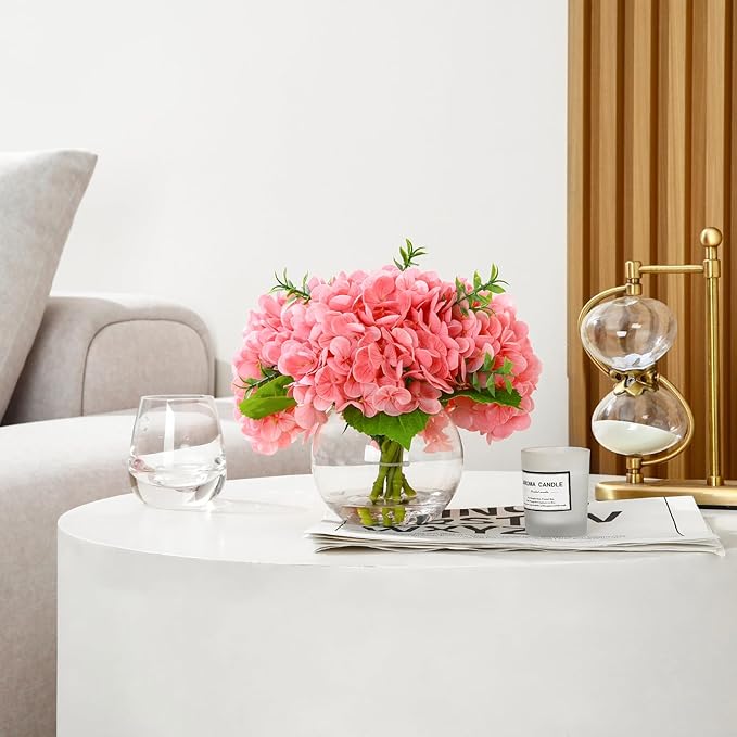 Artificial Flowers Hydrangea Artificial Flowers with Vase Silk Fake Flowers Arrangements in Vase with Faux Water for Home Bathroom Office Table Centerpiece Shelf Decorations (Pink)