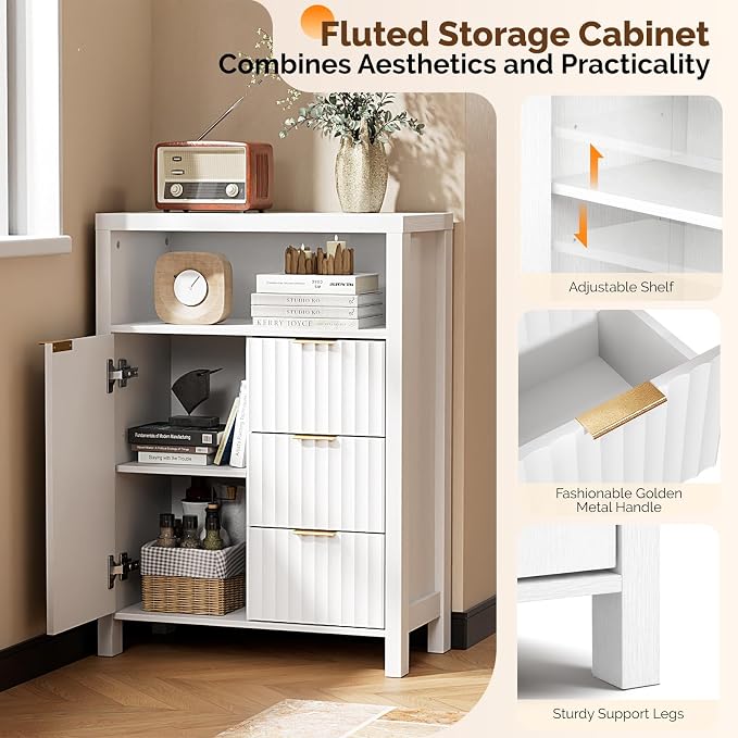 VINGLI Bathroom Floor Storage Cabinet with 3 Drawers, Modern 32" Freestanding Short Storage Organizer with Fluted Door & Adjustable Shelf, 12 Inch Deep White Wooden Console for Small Space
