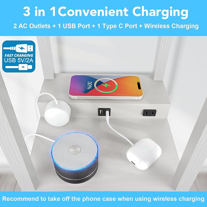 Mlambert Modern Shelf Floor Lamp with Wireless Charger & Fast Charging USB Ports & Type C Port & 2 Power Outlets,3 Tier Storage Lamp for Bedroom,Grey