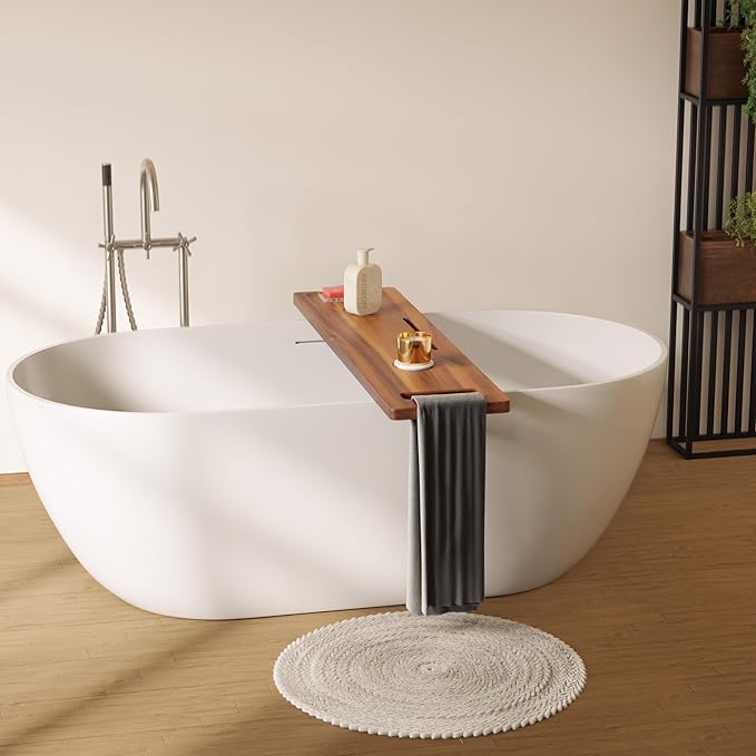 Tinamo Teak Shower Bench 22" L and Acacia Bathtub Caddy Tray 39" L Bundle