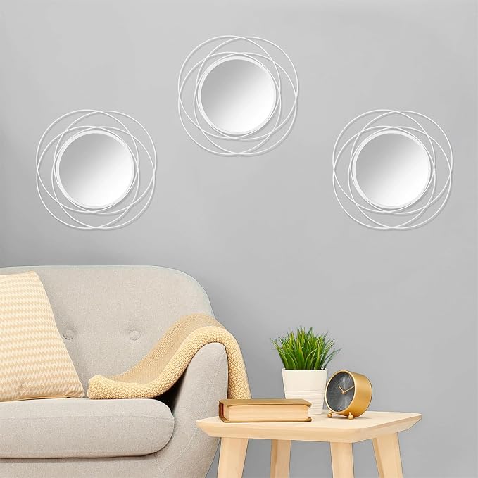3 Pack Circle Mirror Wall Decorative Metal Wall Mirror, Art Small Round Wall Home Mirror, Decor Living Room Bedroom Bathroom Entryway 12" White