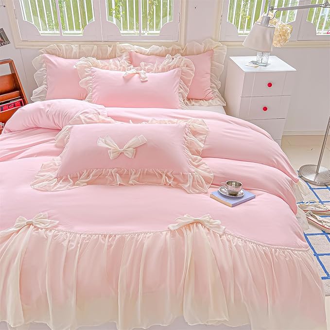 Girls Lace Bedding,Queen Comforter Cover Set, Chic Ruffled Duvet Cover with Lovely Bow,Princess Style 1 Duvet Cover with 2 Pillowcases, No Comforter-Pink,Queen Size