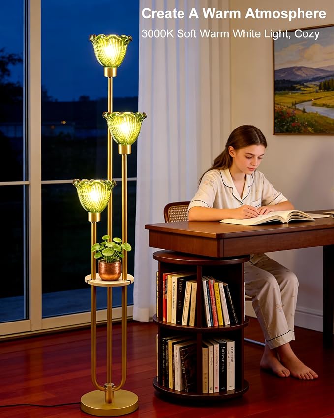 Lightdot Green Glass Floor Lampfor Living Room Gold Floor Lamp with Glass Shade & 3000K Bulbs Included 3-Lights Modern Tall Standing Lamp with 5Lbs Heavy Base for Bedroom/Sofa Beside/Corner Decor