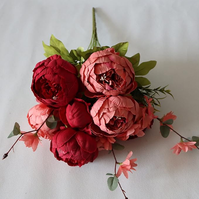 Fule 2 Pack Large Artificial Peony Silk Flower Bouquets Arrangement Wedding Centerpieces (New Dark Red)