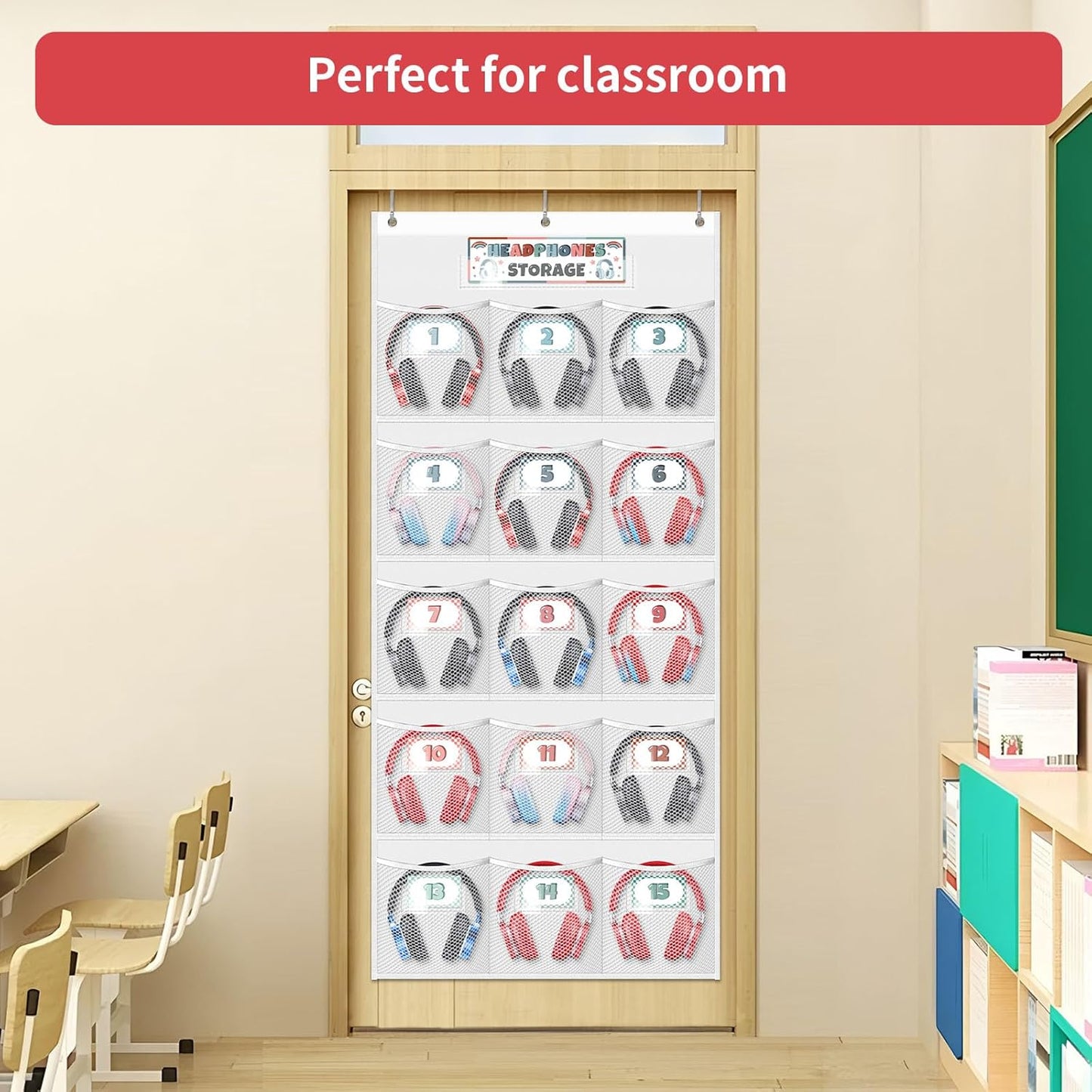 Skiennix Headphone Storage Organizer - 15 Durable Mesh Pockets for Classroom & Library | Includes 61 Cards & 3 Hooks