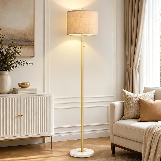 【Upgraded】 Dimmable Floor Lamp for Living Room, 11W LED Bulb Included, Modern Standing Lamp with Marble Base, Tall Pole Light with Linen Shade for Bedroom Reading Office Corner Nursery-Brass Gold