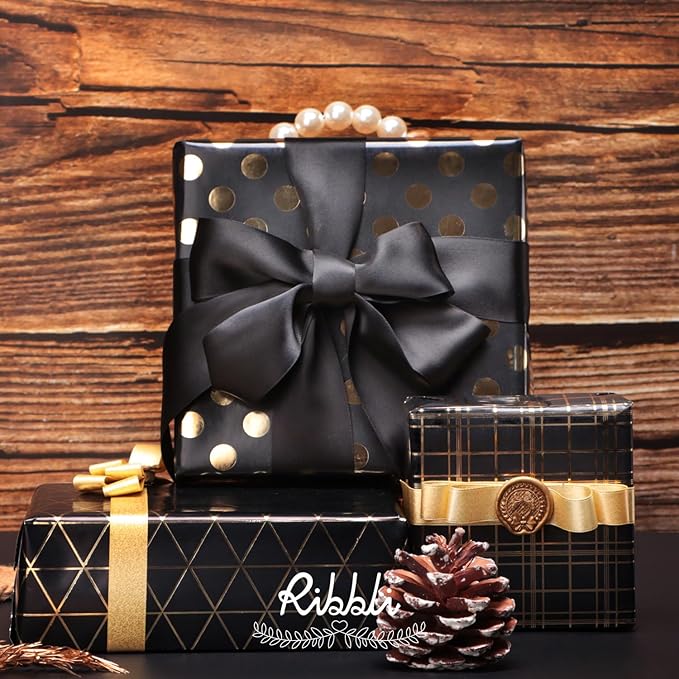 Ribbli Birthday Wrapping Paper Black and Gold Gift Wrap for Father's Day Men Husband Boyfriend Mini Roll, 3 Rolls Geometry Pattern - 17 inch x 120 inch(10feet) Per Roll