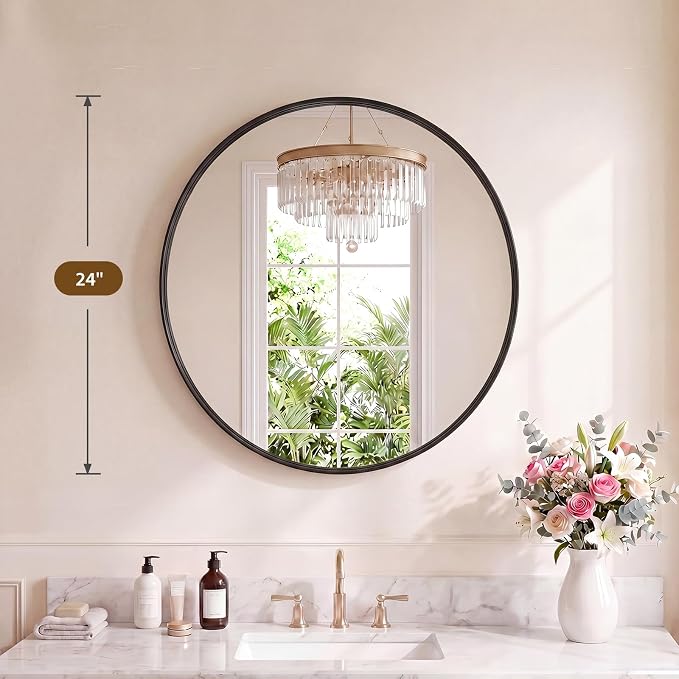 Sweetcrispy Bathroom Round Mirrors for Over Sink, 24 Inch Wall Circle Mirror with Matte Metal Frame, Modern Wall Mount Vanity Mirror for Home Decor, Living Room, Bedroom, Black