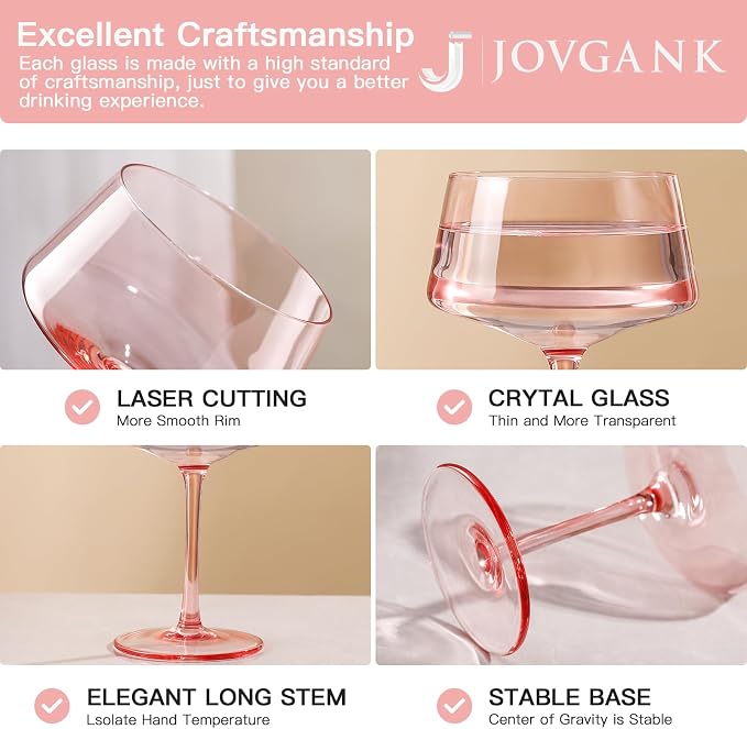 JOVGANK Pink Martini Glasses Set of 6 – 13oz Lead-Free Crystal Glass, Hand-Blown Classic Champagne & Cocktail Luxury Cups, Elegant Glassware for Party Home Bar Wedding Gift for Ice Cream Dessert