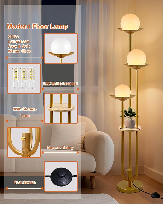 Lightdot 3-Light Globe Floor Lamp with Shelf Modern Dimmable Floor Lamps for Wedding/Party, 3000K Warm White Bulbs Included, Gold Tall Standing Lamp for Living Room/Bedroom/Sofa Beside/Corner Decor