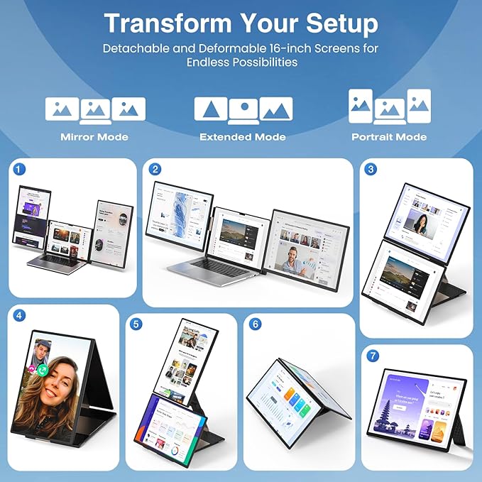 FLYTOCCA 16" Laptop Screen Extender, Updated 1200P FHD Portable Monitor with 16:10 Aspect Ratio Screen, Rotation Detachable Screen, Laptop Monitor Extender Compatible with Windows, Mac, Chrome