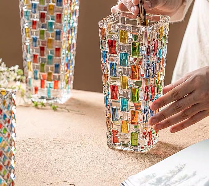 Magcolor Hand Painted Colorful Woven Glass Vase -Crystal Flower Vase- 7.7 inch, Glass Plant Vase for Floral Arrangements, Centerpieces, Weddings, Housewarming, Centerpiece Home Deco