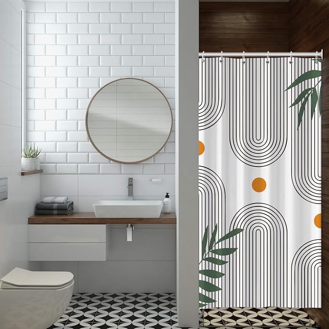 Boho Mid Century Shower Curtain Bohemian Minimalist Geometric Arch Sun Bathroom Curtain Sage Green Plant Polyester Shower Curtain Sets for Bathroom Extra Long 54x72 in with 10 Hooks