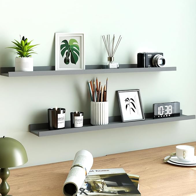 Floating Shelves for Wall Decor, Long Wall Mounted Storage Shelf for Bedroom, Living Room, Bathroom, Kitchen, Nursery, Modern Display Picture Ledge Shelf with Lip Set of 2-36 Inches, Grey