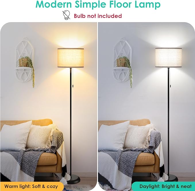FOLKSMATE Floor Lamp for Living Room, LED Modern Simple Standing Lamps, Tall Lamp for Bedroom, Kid, Office, Reading Room Black Pole Light Without Bulb