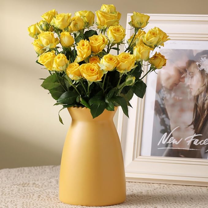 hjn Yellow Flower Vase – Minimalist Ceramic Vase, Decor Vases for Flowers/Centerpieces/Table/Office/Living Room/Bookshelf/Mantel/(Yellow)