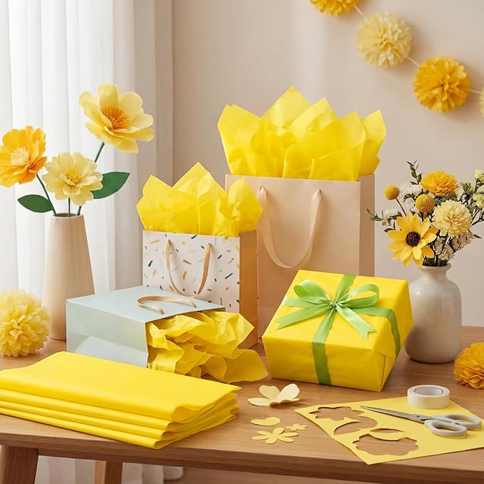 Qilery 500 Sheets Yellow Tissue Paper Bulk for Gift Bags 15 x 20 Inch Acid Free Christmas Packaging Wrapping Paper Sheets for Yellow Party Decoration DIY Craft, Bouquet, Pastry, Wedding