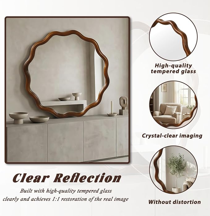 Elountik 36 Inch Wavy Round Solid Wood Frame Mirror with Black Walnut Finish, Decorative Wall Mirror for Living Room, Bathroom, Bedroom or Entryway