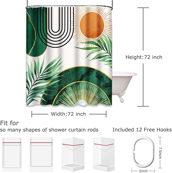 Emvency Shower Curtain Boho Leaves Minimalist Abstract Bohemian Mid Century Palm Botanical Modern Sun Green Bathroom Home Decor Waterproof Polyester Fabric 72 x 72 inches Set with Hooks