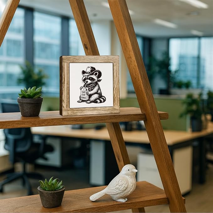 Funny Cowboy Raccoon Wooden Desktop Sign, “Tears of My Enemies” Trash Panda Wood Plaque Tabletop Decor, Western Animal Humor Decor for Home Office Shelf