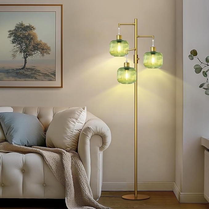 Modern Floor Lamp for Living Room, Dimmable Gold Standing Lamp with Green Glass Shade, Mid Century 3 Lights Tall Lamp, Vintage Retro Floor Lamps for Bedroom, 3×6W Bulbs Included