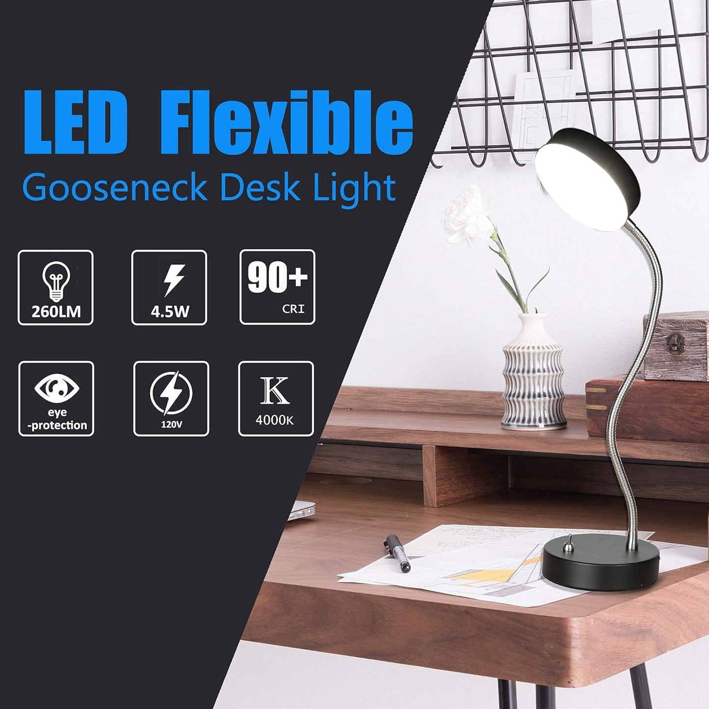 Skiennix Flexible Gooseneck LED Desk Lamp - 4.5W 260LM, 4000K Light for Home Office & Study | 19.25" Height