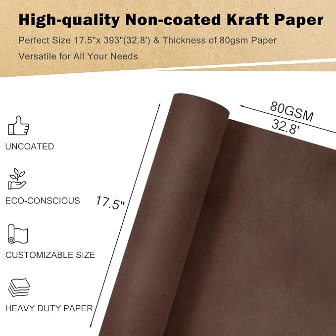 RUSPEPA Chocolate Brown Kraft Wrapping Paper Roll, 17.5"x 393"(32.8'), Recyclable Brown Art Gift Wrap Paper for Gift Wrapping, Table Covering, Kid Craft Supplies, Bouquet Flower, Bulletin Board, 80GSM