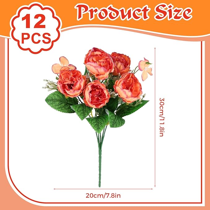 12 Bundles Peonies Artificial Flowers Fake Peony Bouquet Faux Peonies Flowers Bulk with Stems Flower Balls for Centerpiece Table Decorations Wedding Bridal Floral Arrangement (Orange)