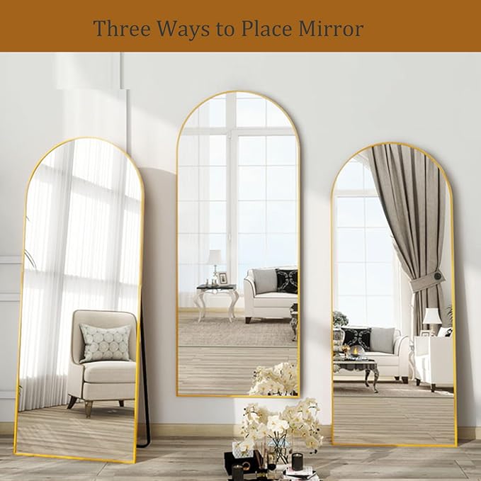 Dewfig 71"X26" Arched Full Length Mirror, Free Standing Leaning or Wall-Mounted Mirror, Aluminum Frame Modern Mirrors for Living Room, Bedroom, Cloakroom, Gold