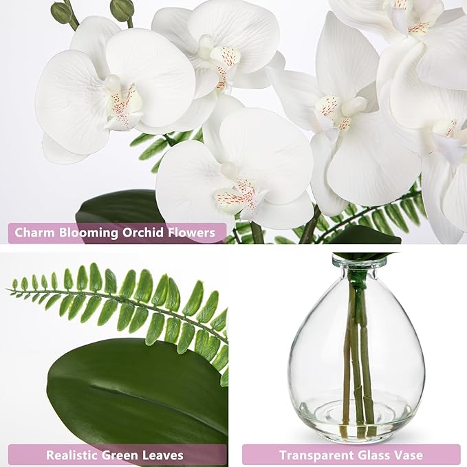 Oairse White Orchids Artificial Flowers, Faux Orchid in Glass Vase Real Touch Small Phalaenopsis Orchid Flowers Arrangements with Clear Vase Orchids Centerpiece for Dining Room Table