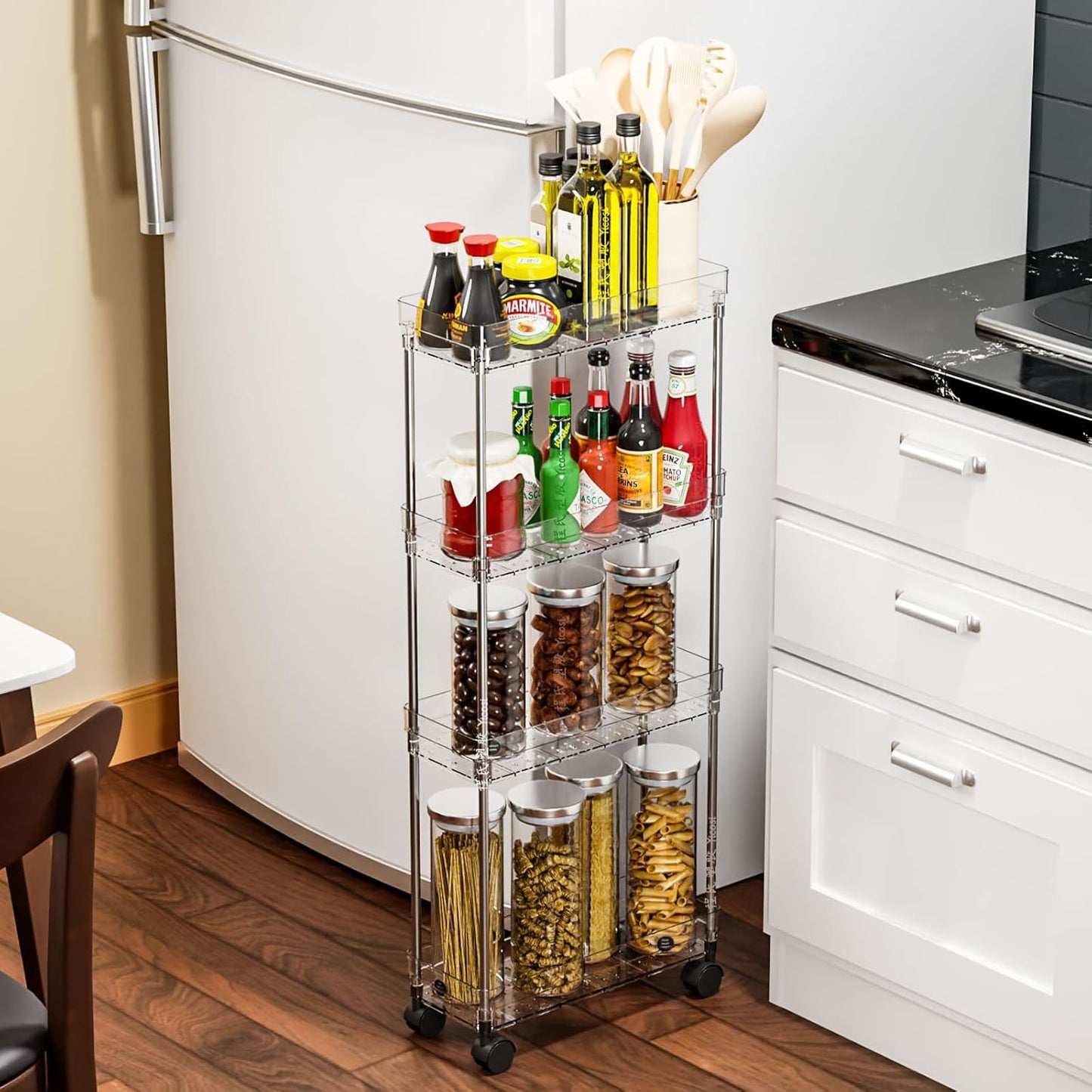 Yieach Clear 4-Tier Slim Rolling Storage Cart - 6.3" Wide Thin Shelves for Small Spaces | Bathroom & Laundry Use