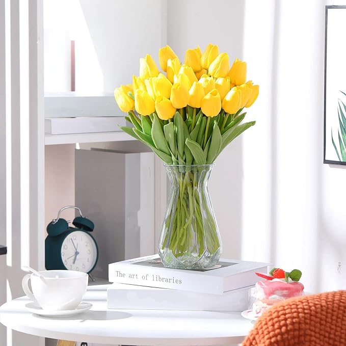 Janinka 100pcs Artificial Tulip Flowers Fake PU Tulips Faux Latex Bouquet Flower Centerpieces Arrangement Floral for Mother Day Wedding Spring Decorations (Yellow)