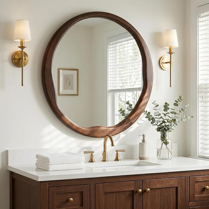 Dark Walnut Round Wall Mirror 24 Inch, Solid Wood Framed Mirror with Asymmetrical Wavy Inner Edge for Entryway, Organic Decor for Hallway & Bathroom