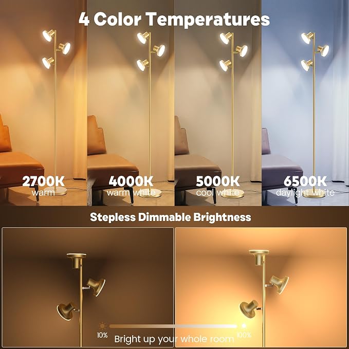 SIBRILLE 36W LED Tree Floor Lamp, Modern Dimmable Standing Lamp with Remote & Touch Control, 4 Color Temperatures, 3 Rotatable LED Light Floor Lamps for Living Room, Bedroom, Office