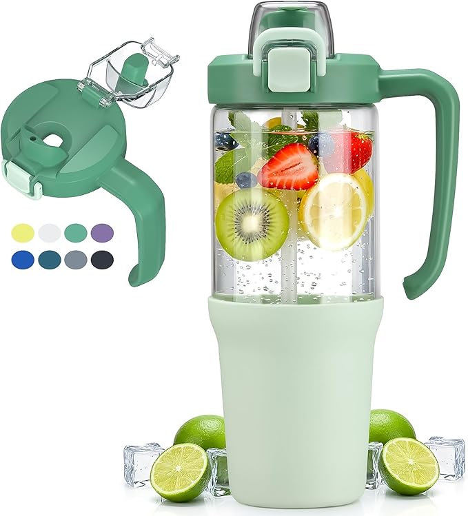 32oz Glass Water Bottle, 2-in-1 Straw and Sip Spout Lid, Leakproof Wide Mouth Tumbler with Handle, BPA-Free Reusable Bottle for Sports, Office, Outdoor, Light Green