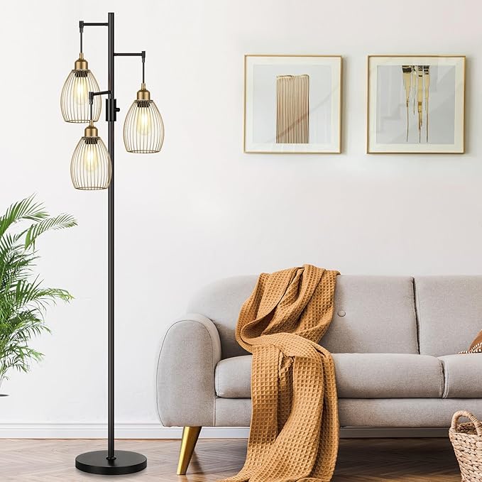 Dimmable Floor Lamp, Industrial Floor Lamps for Living Room, Gold and Black Tree Lamp Standing Lamp Tall Lamps with 3 Elegant Teardrop Cage Head & 800 Lumens LED Bulbs for Living room Bedroom Office